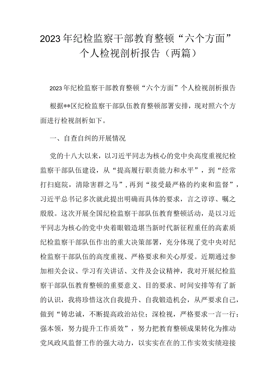 2023年纪检监察干部教育整顿“六个方面”个人检视剖析报告(两篇).docx_第1页