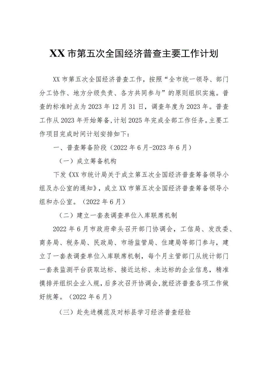 XX市第五次全国经济普查主要工作计划.docx_第1页