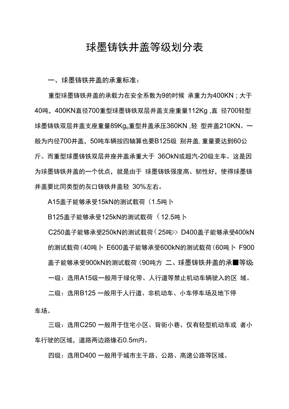 球墨铸铁井盖等级划分表.docx_第1页