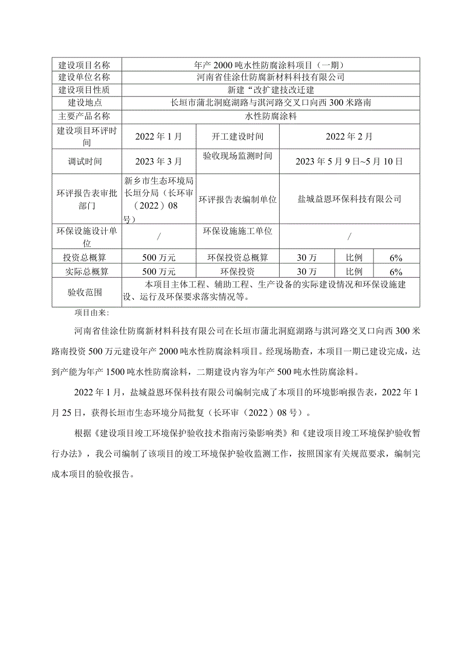 河南省佳涂仕防腐新材料科技有限公司年产2000吨水性防腐涂料项目一期竣工环境保护验收监测报告表.docx_第3页