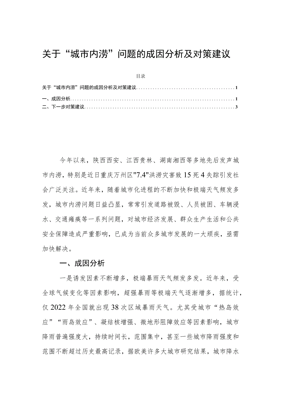 关于“城市内涝”问题的成因分析及对策建议.docx_第1页