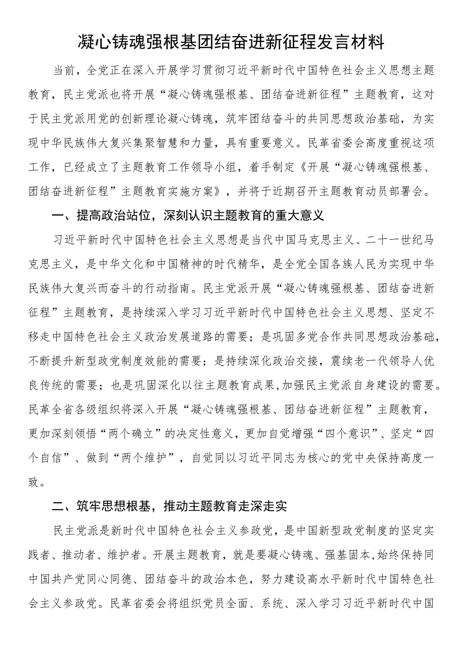 凝心铸魂强根基 团结奋进新征程发言材料.docx_第1页