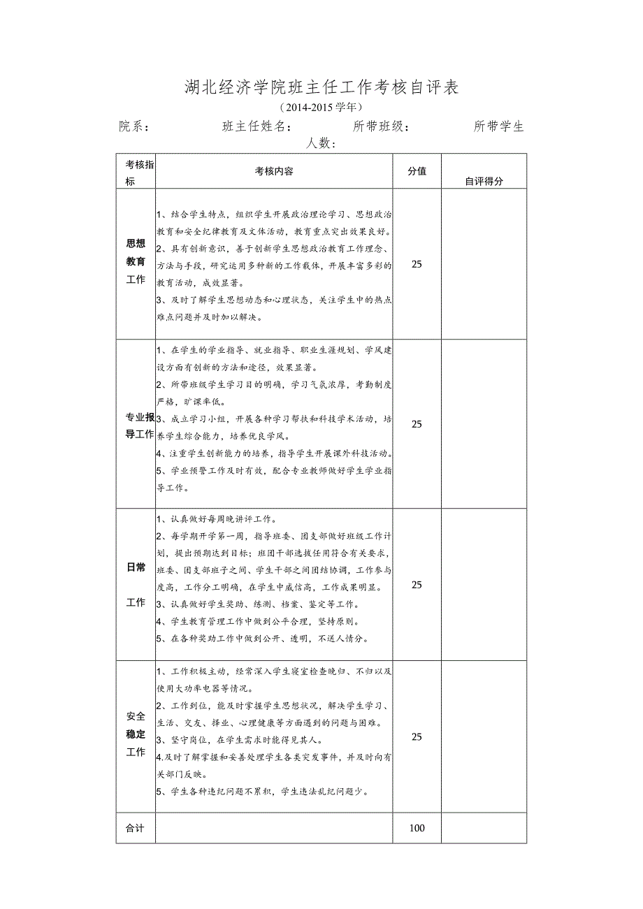 湖北经济学院班主任工作考核自评表.docx_第1页