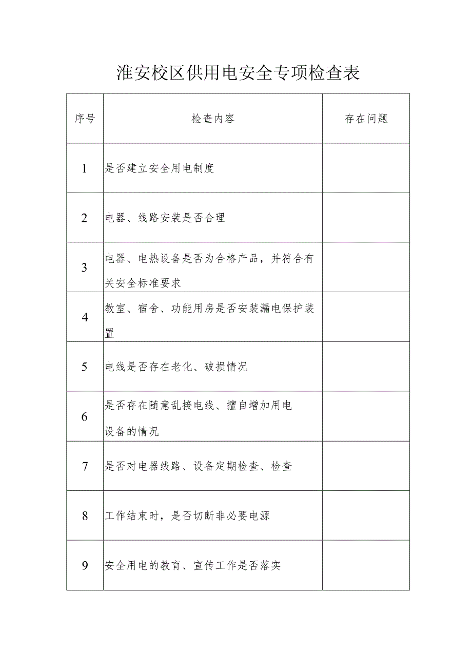 淮安校区供用电安全专项检查表.docx_第1页