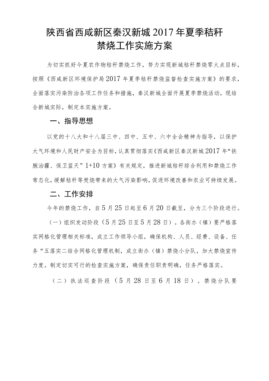 陕西省西咸新区秦汉新城2017年夏季秸秆禁烧工作实施方案.docx_第1页