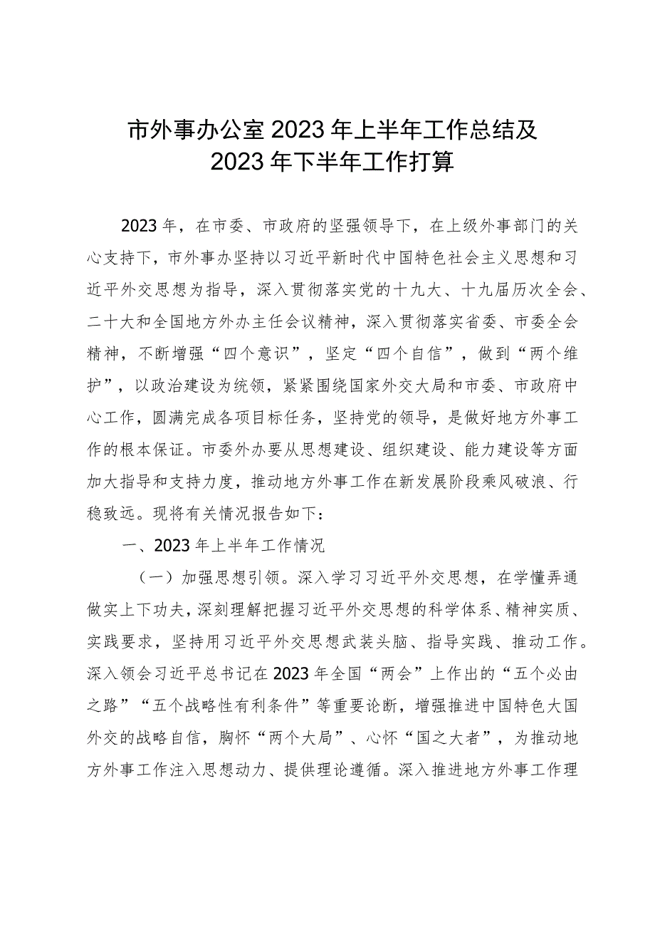 市外事办公室2023年上半年工作总结及2023年下半年工作打算.docx_第1页