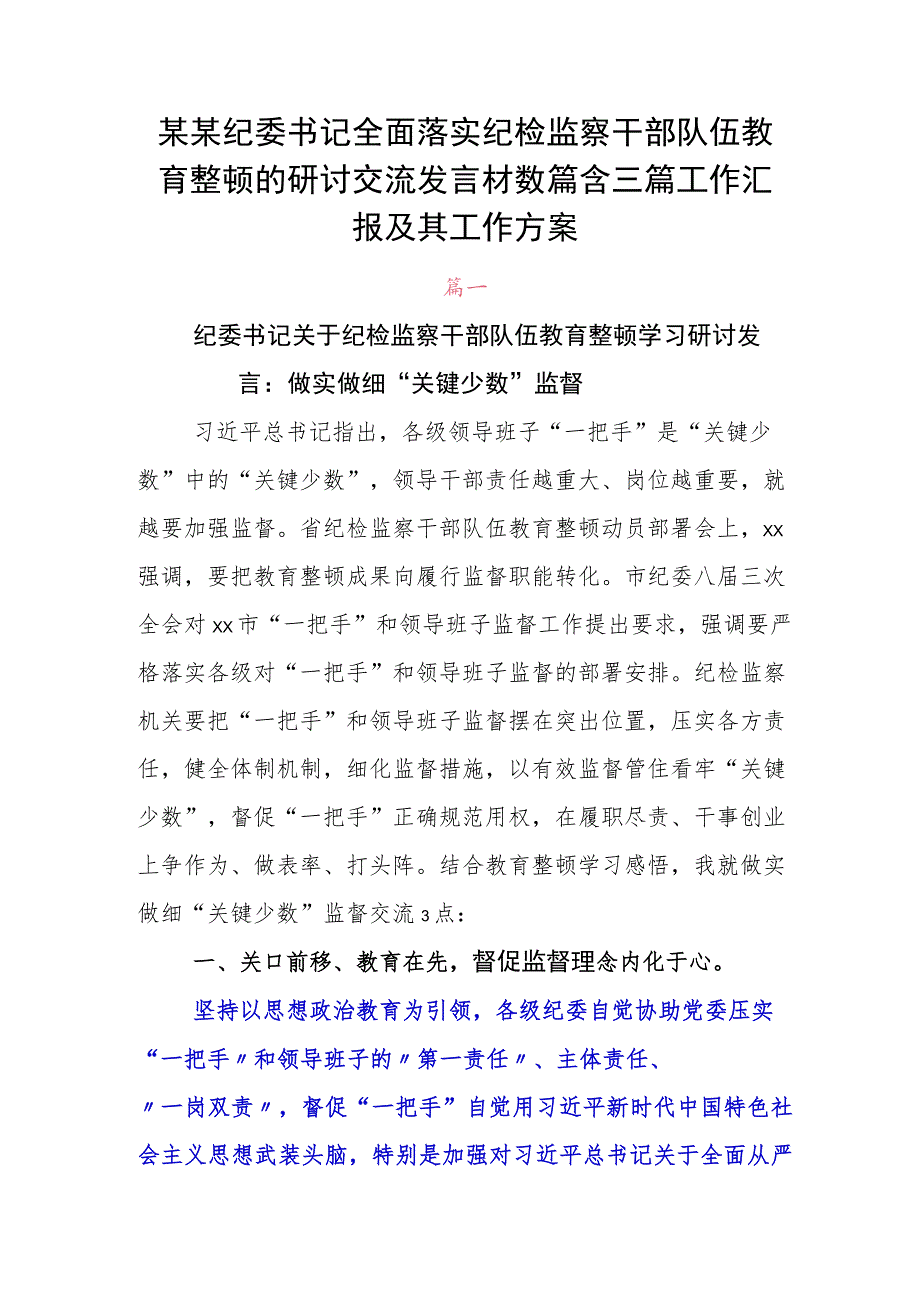 某某纪委书记全面落实纪检监察干部队伍教育整顿的研讨交流发言材数篇含三篇工作汇报及其工作方案.docx_第1页