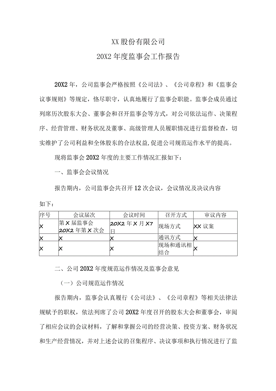 XX股份有限公司20X2年度监事会工作报告.docx_第1页