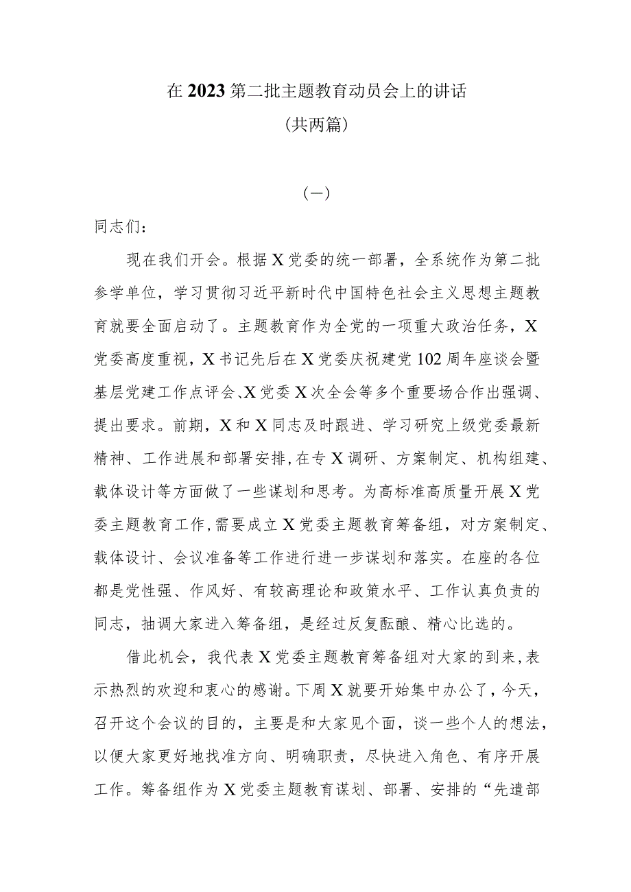 在2023第二批主题教育动员会上的讲话共两篇.docx_第1页