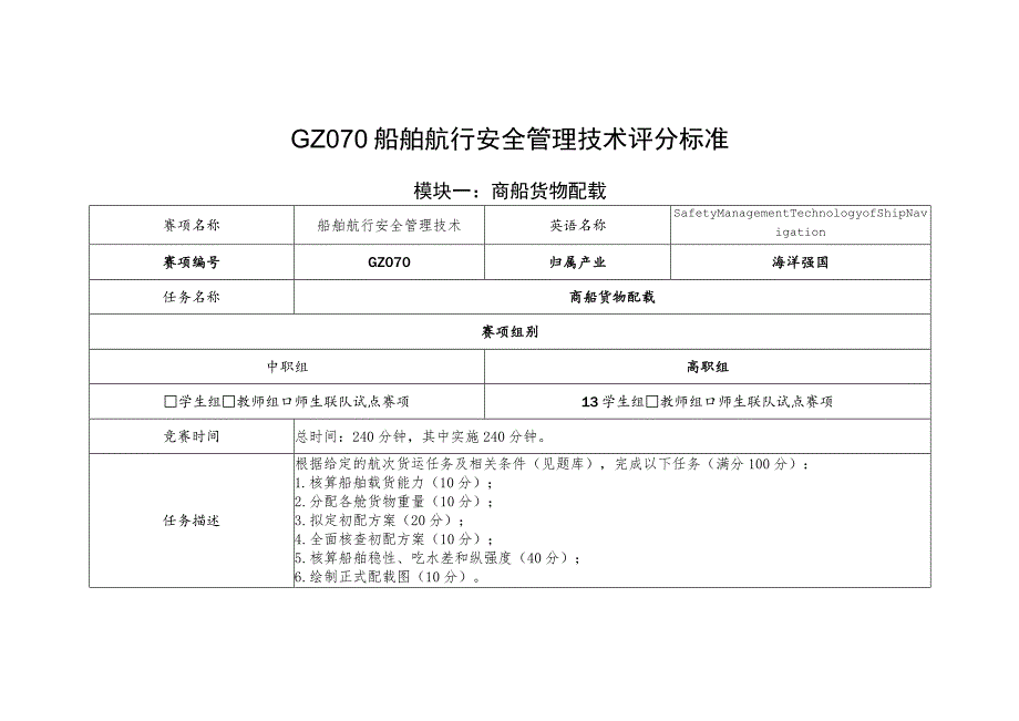 GZ070船舶航行安全管理技术-模块一商船货物配载评分标准-定稿-20230807-2023年全国职业院校技能大赛赛项正式赛卷.docx_第1页