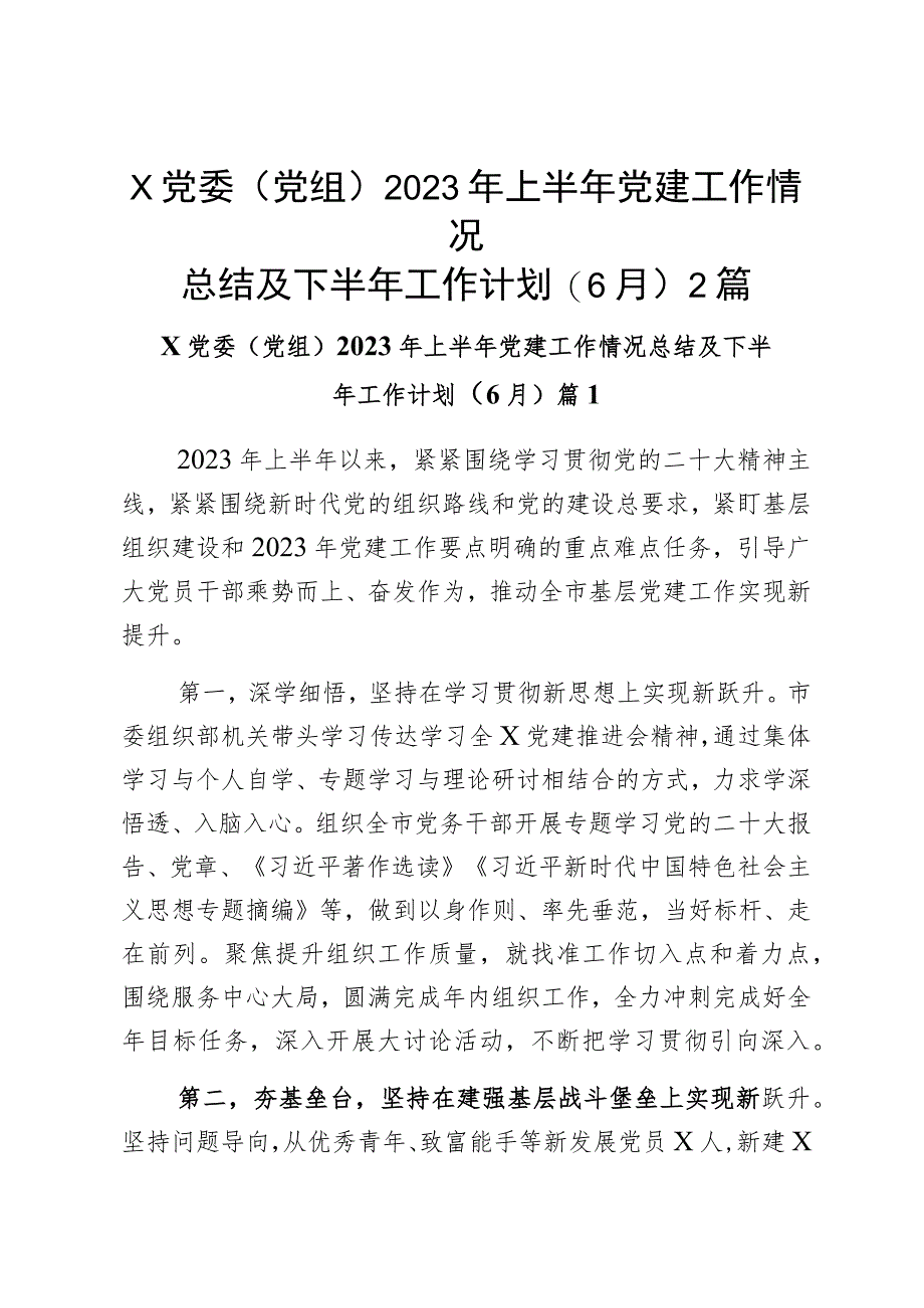 x党委(党组)2023年上半年党建工作情况总结及下半年工作计划(6月)2篇.docx_第1页