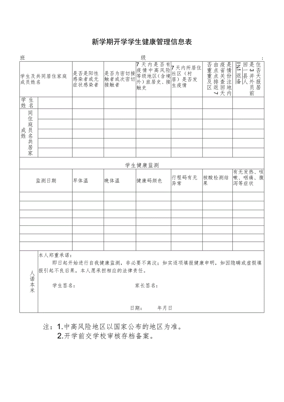 新学期开学学生健康管理信息表.docx_第1页