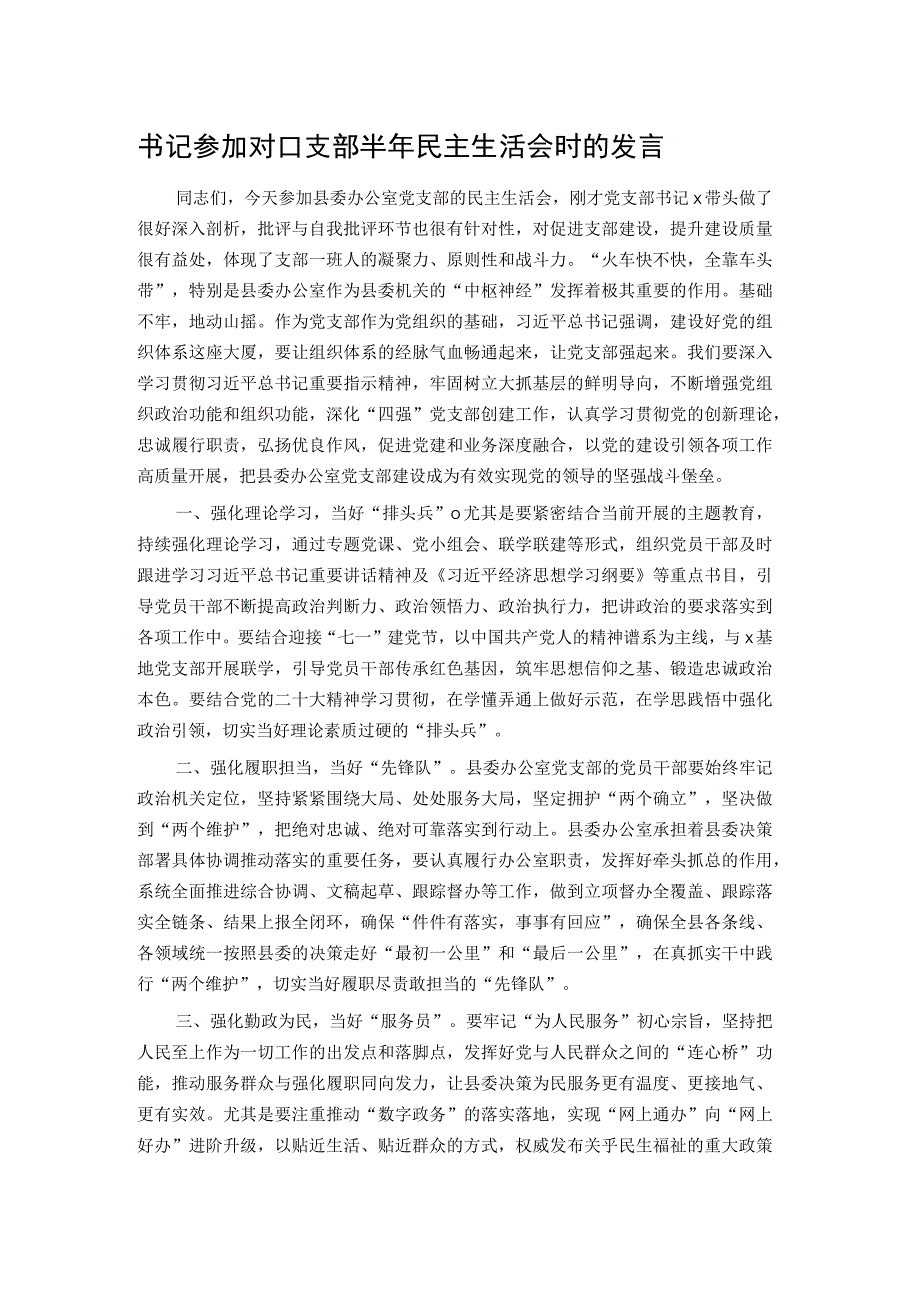 书记参加对口支部半年民主生活会时的发言.docx_第1页