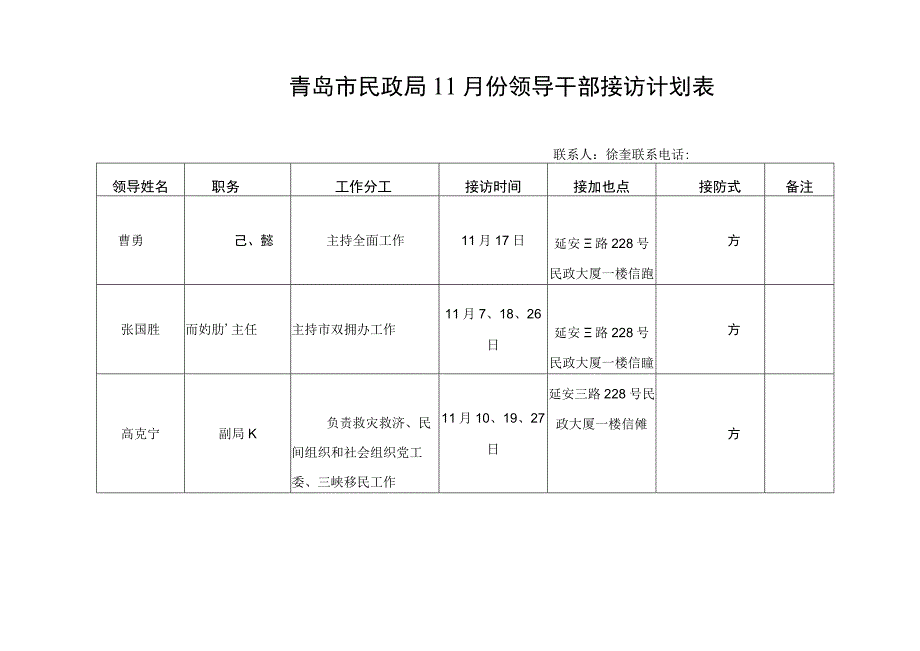 青岛市民政局11月份领导干部接访计划表.docx_第1页