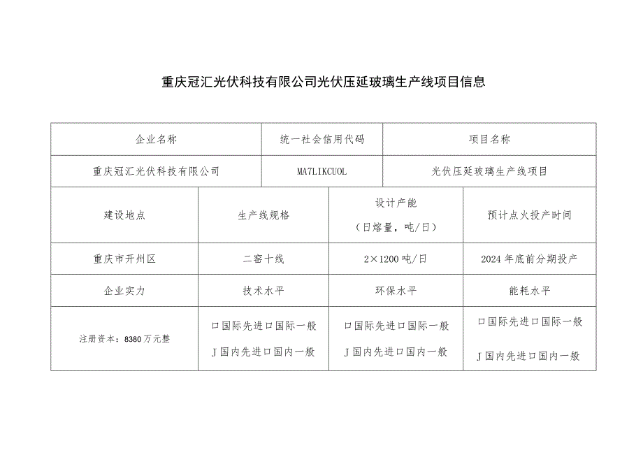 重庆冠汇光伏科技有限公司光伏压延玻璃生产线项目信息.docx_第1页