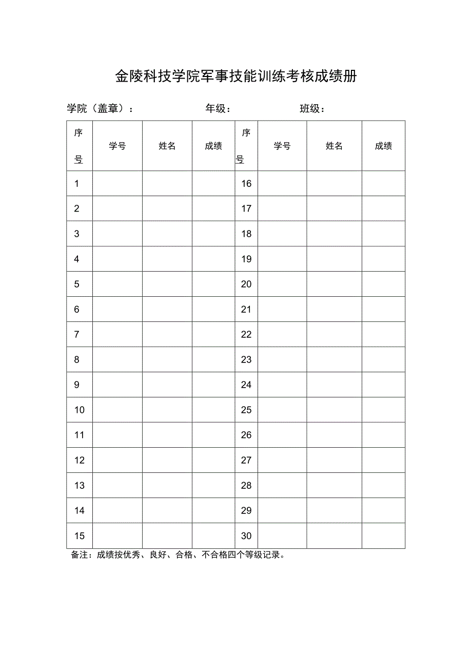 金陵科技学院军事技能训练考核成绩册.docx_第1页