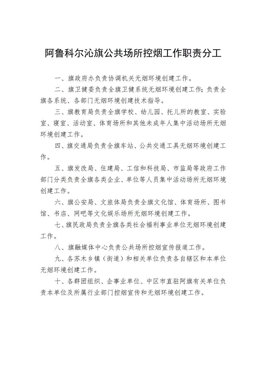 阿鲁科尔沁旗公共场所控烟工作职责分工.docx_第1页