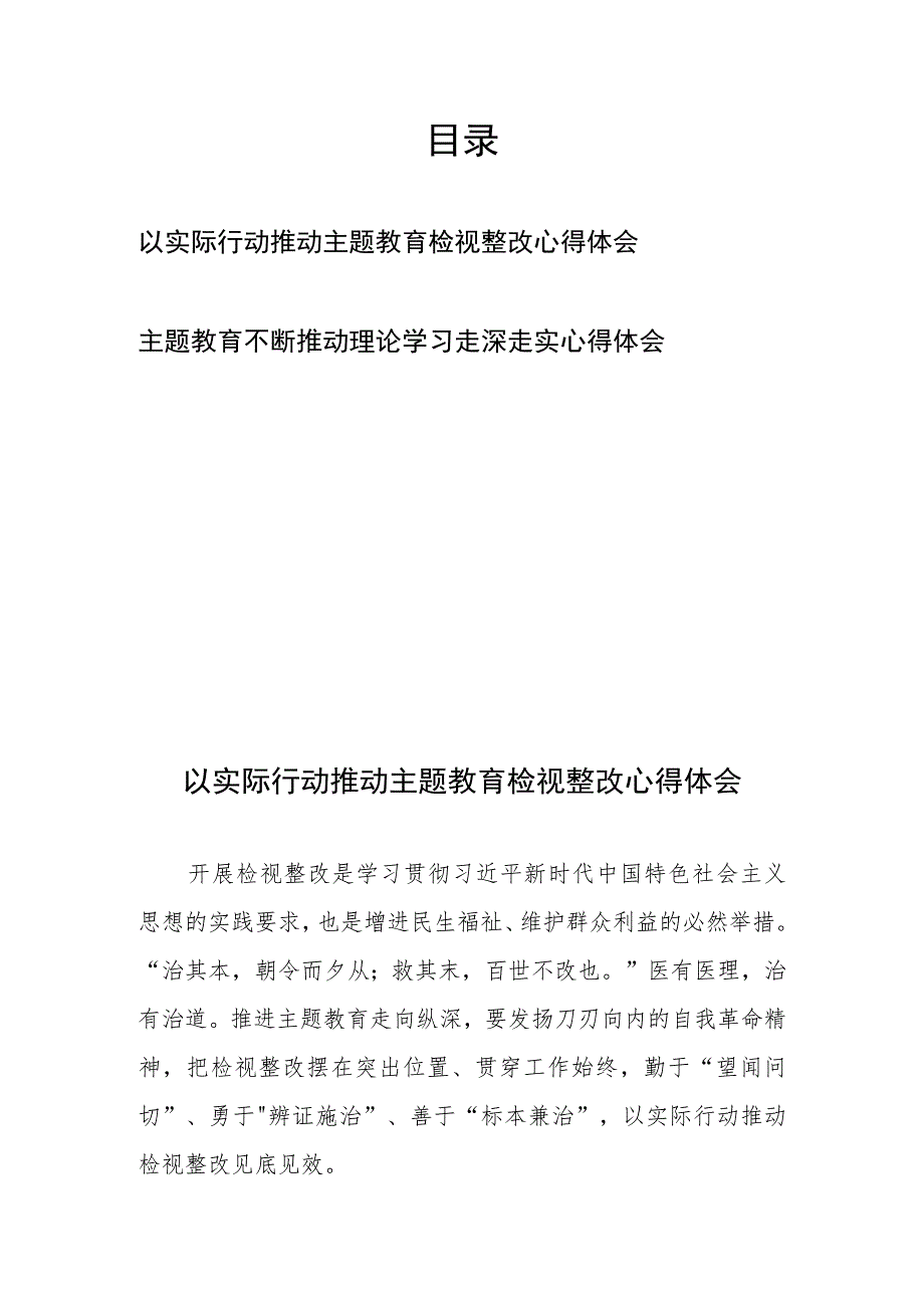 以实际行动推动主题教育检视整改心得体会、主题教育不断推动理论学习走深走实心得体会.docx_第1页