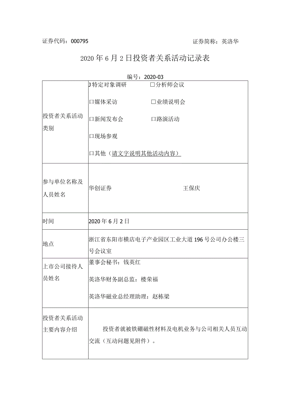 证券代码000795证券简称英洛华2020年6月2日投资者关系活动记录表.docx_第1页