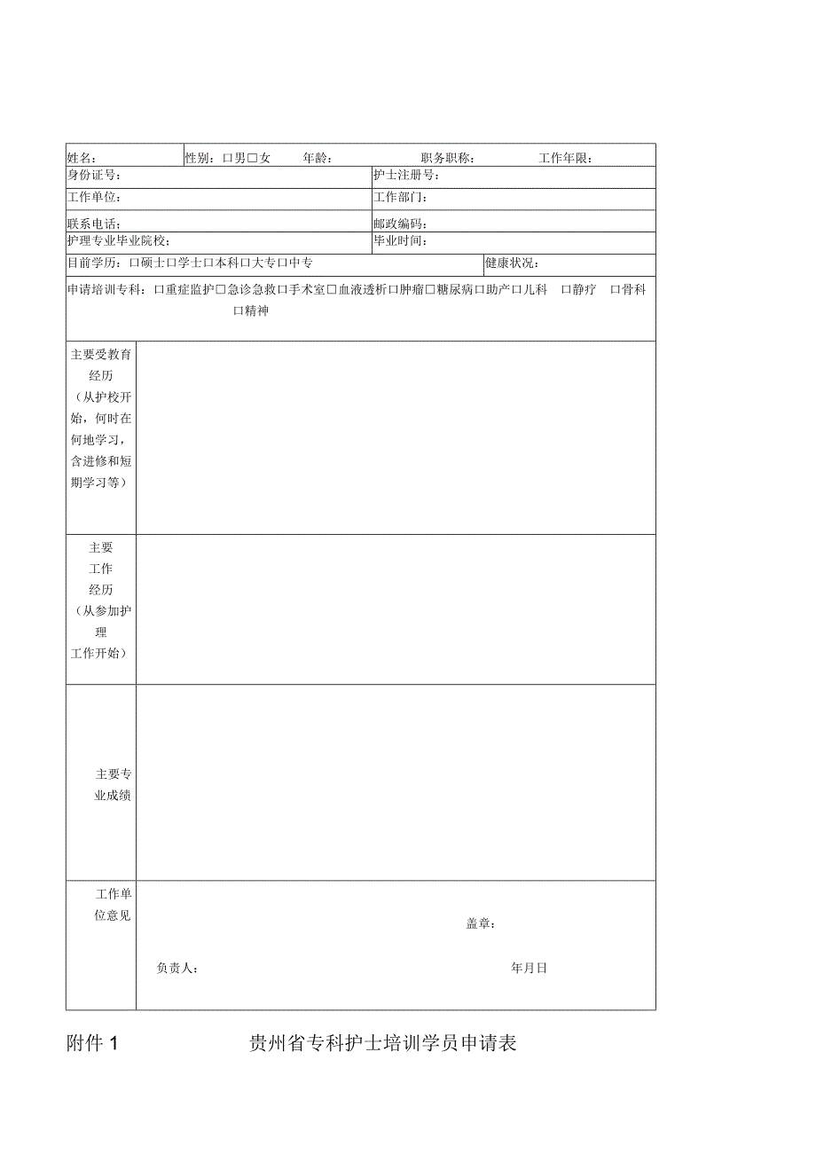 贵州省专科护士培训学员申请表.docx_第1页