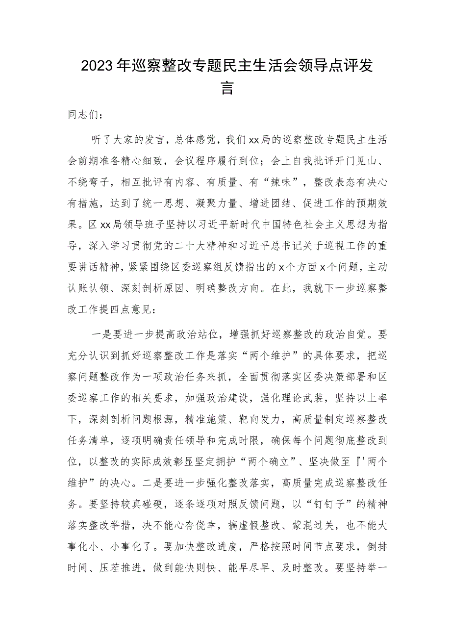 2023年巡察整改专题民主生活会领导点评发言1300字.docx_第1页