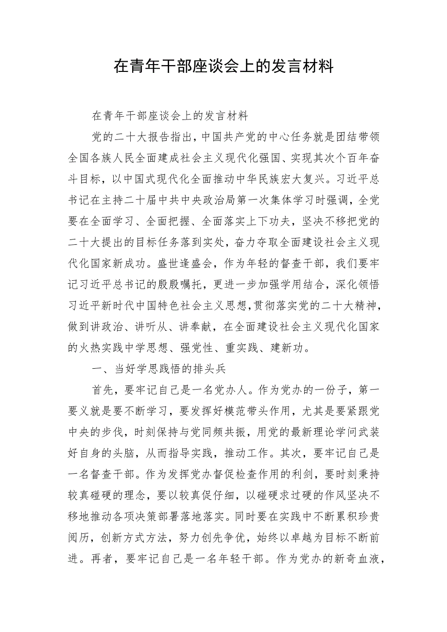 在青年干部座谈会上的发言材料.docx_第1页