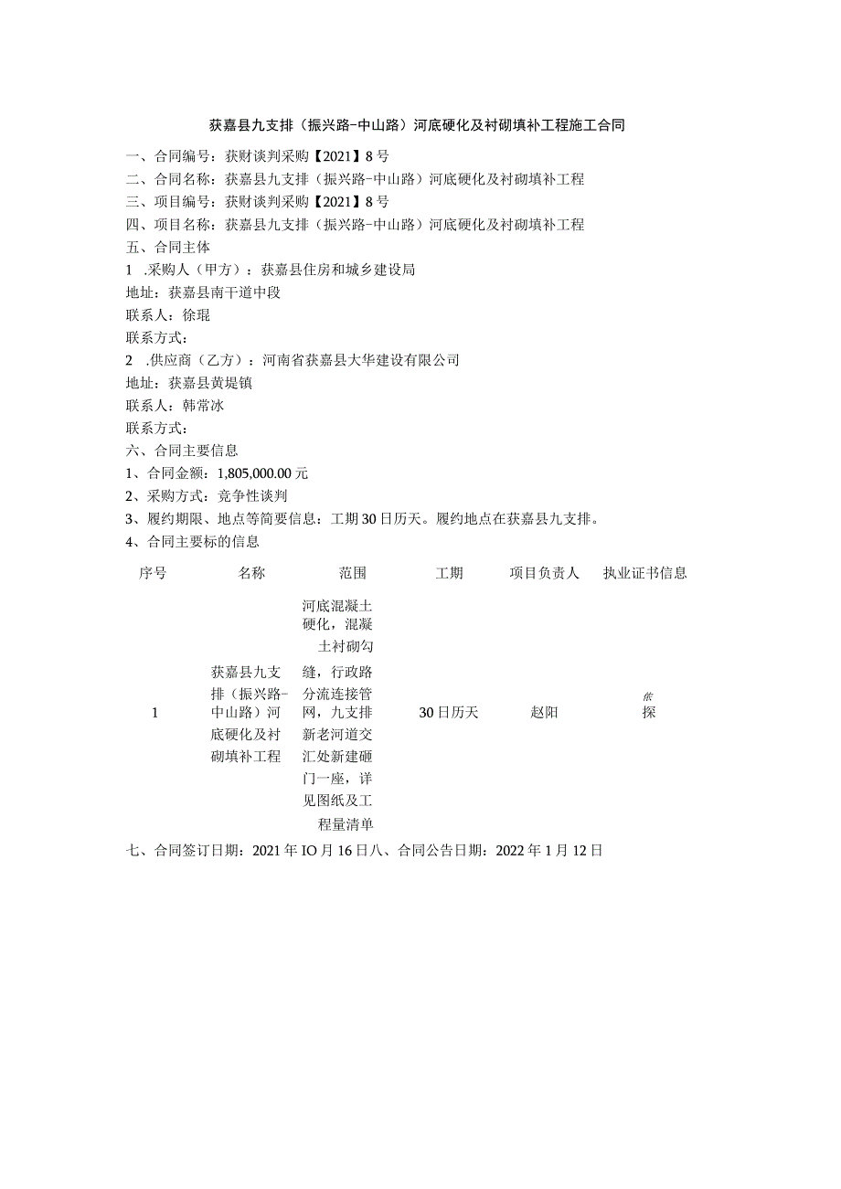 获嘉县九支排振兴路-中山路河底硬化及衬砌填补工程施工合同.docx_第1页