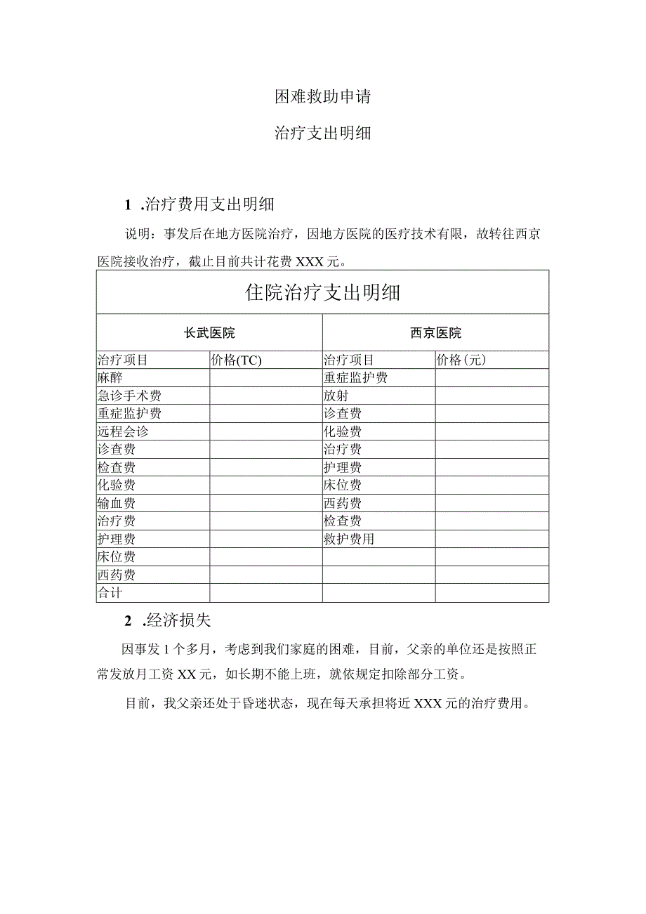 特殊困难申请_治疗费用明细及经济损失.docx_第1页