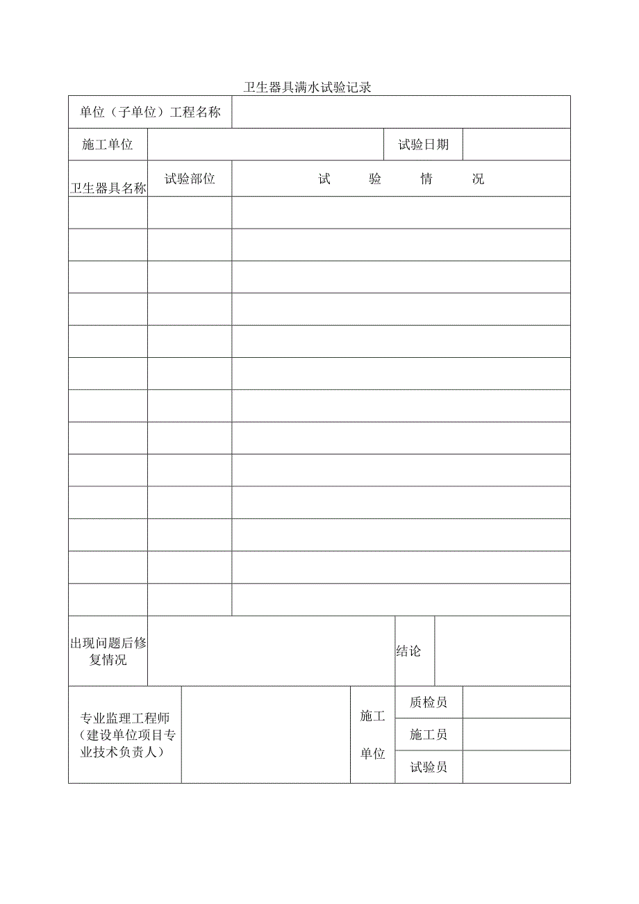 建筑工程卫生器具满水试验记录(示范文本).docx_第1页