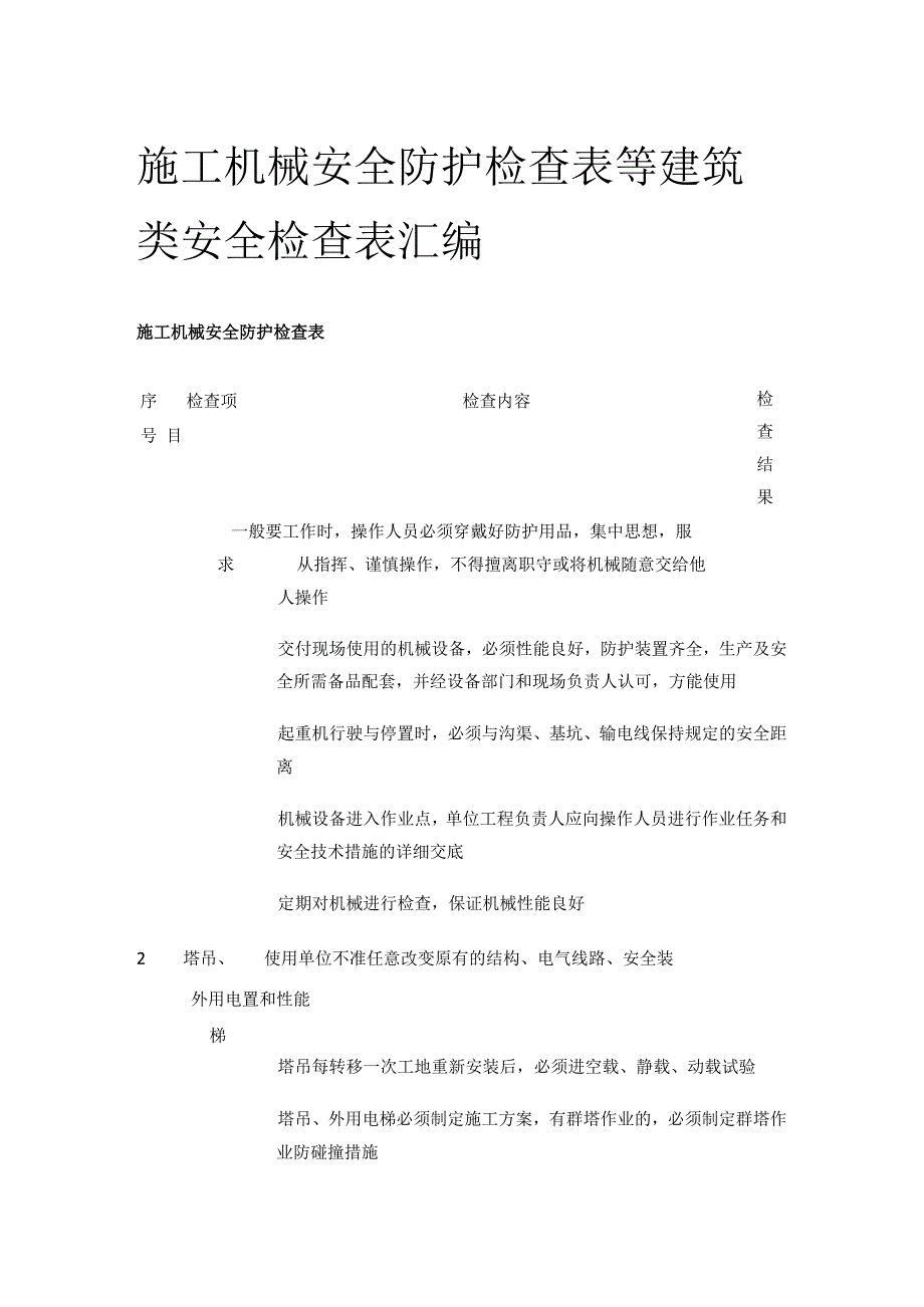 施工机械安全防护检查表等 建筑类安全检查表汇编(全).docx_第1页