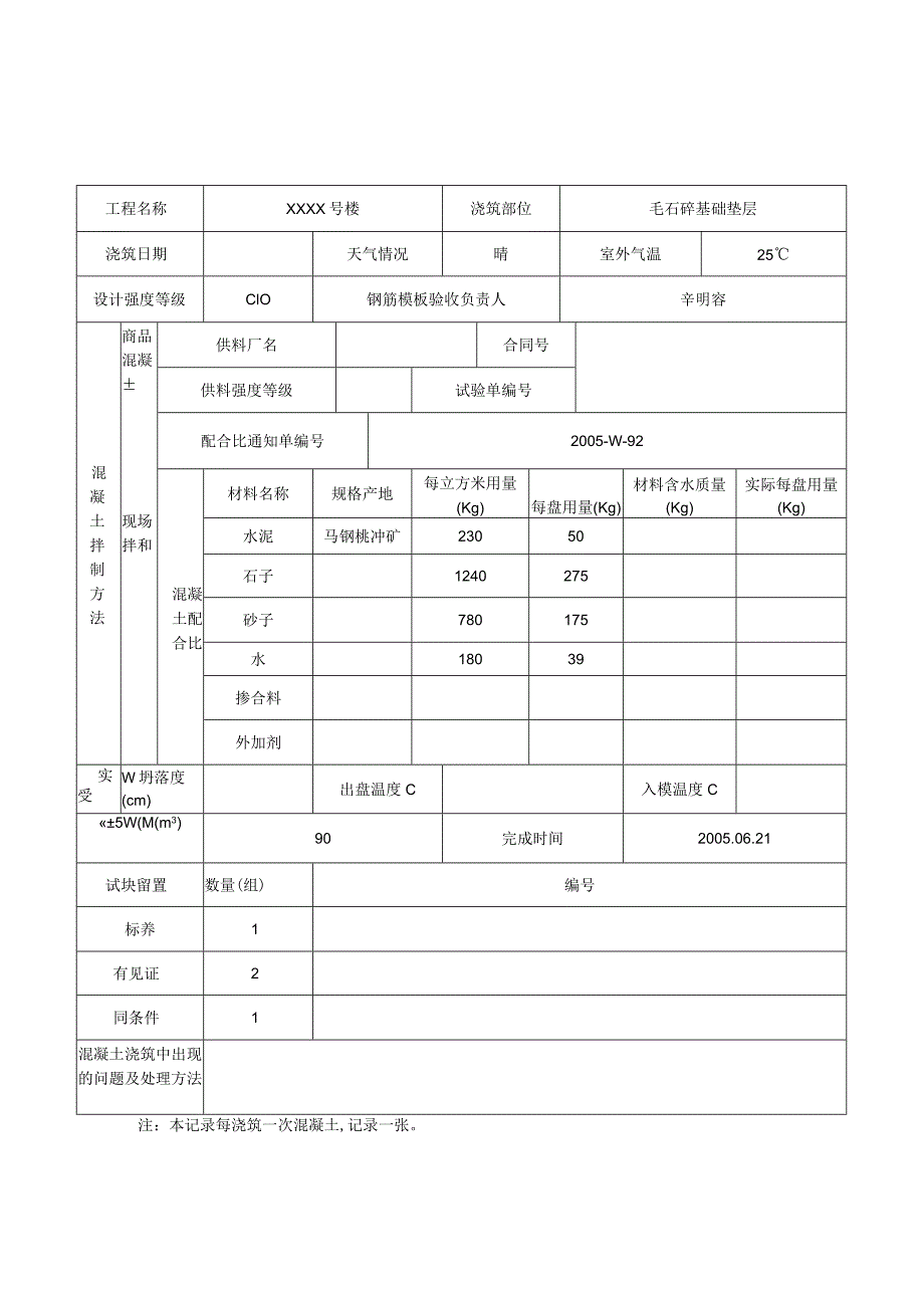 混凝土浇筑记录.docx_第2页