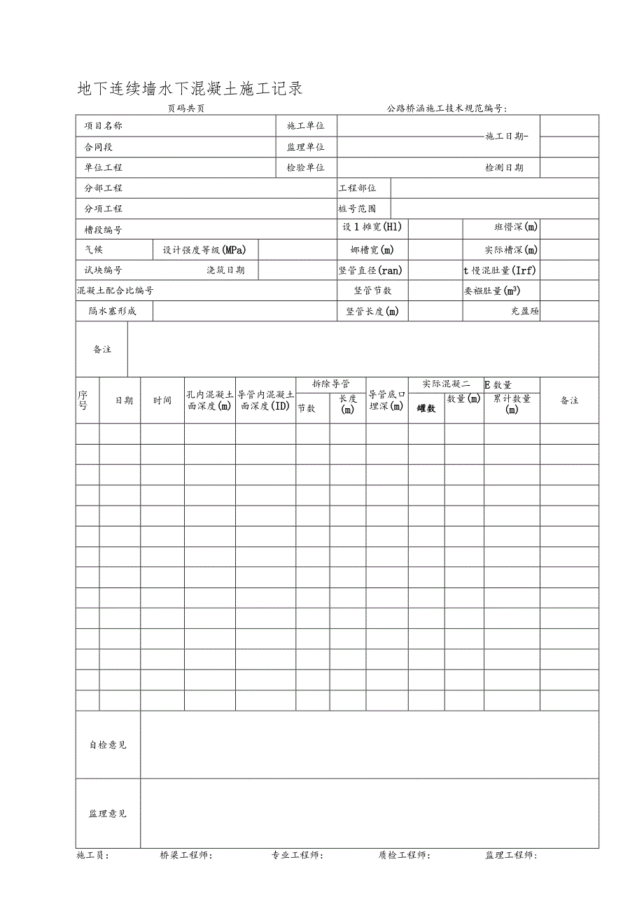 地下连续墙水下混凝土施工记录表.docx_第1页