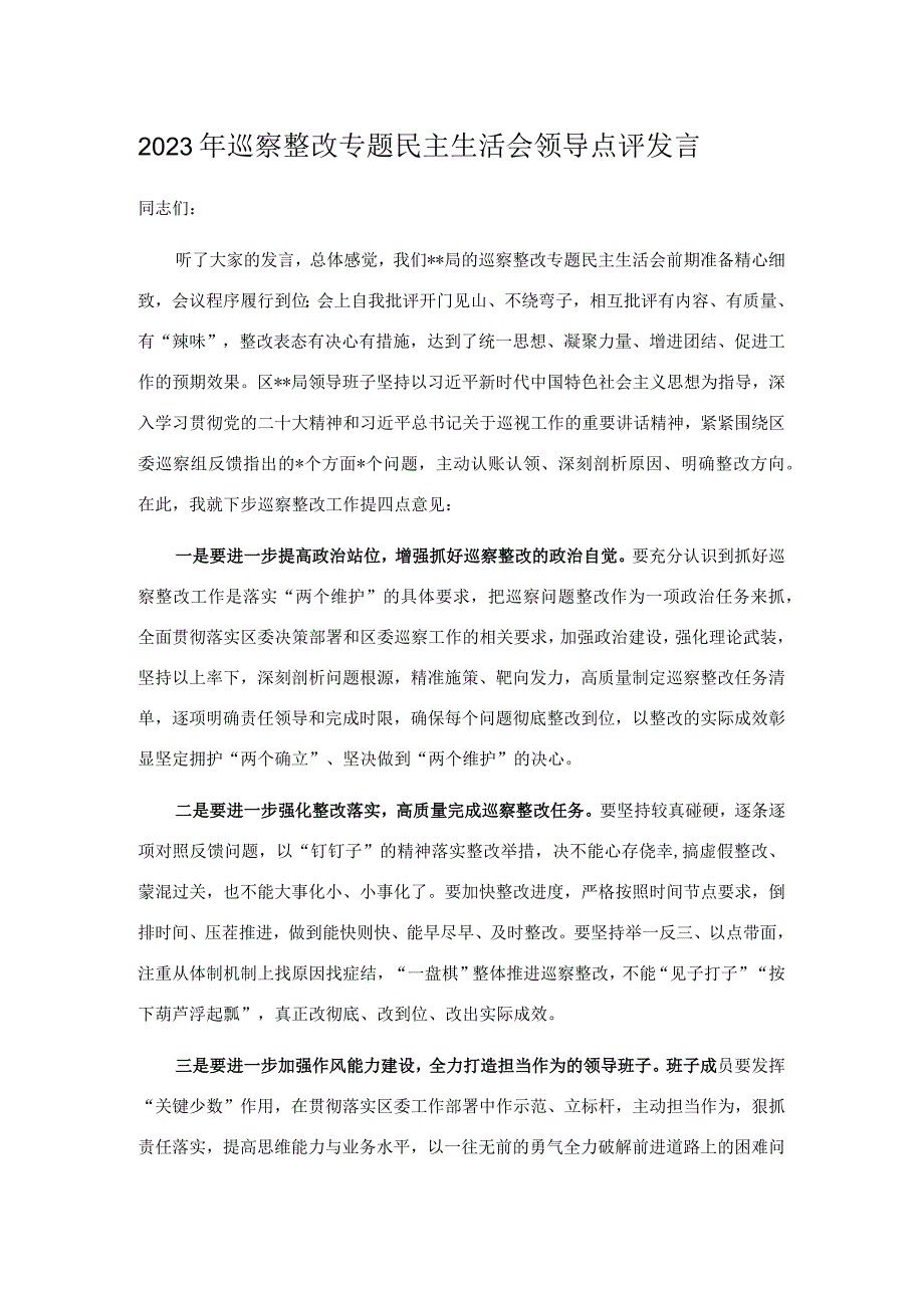 2023年巡察整改专题民主生活会领导点评发言.docx_第1页