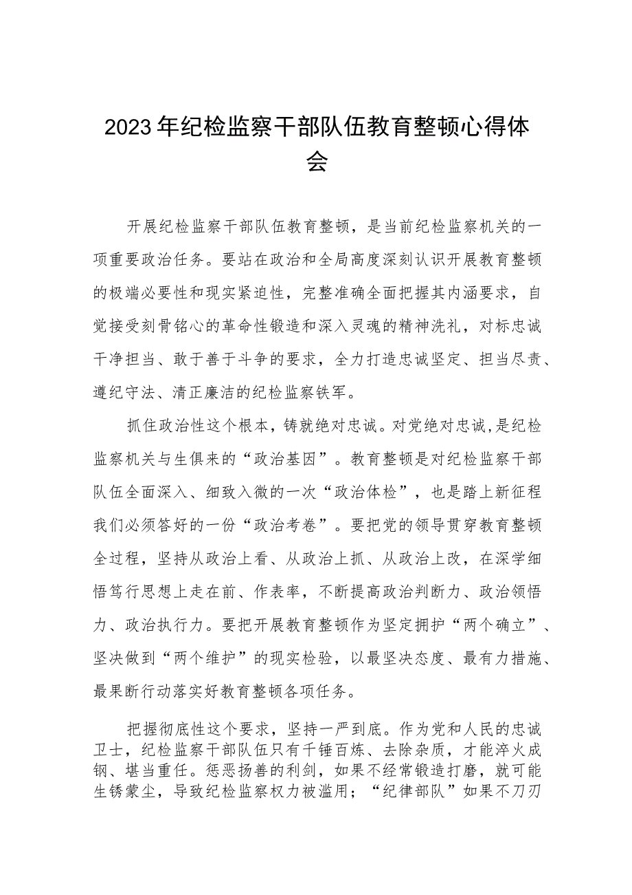 2023纪检干部队伍教育整顿学习心得(八篇).docx_第1页