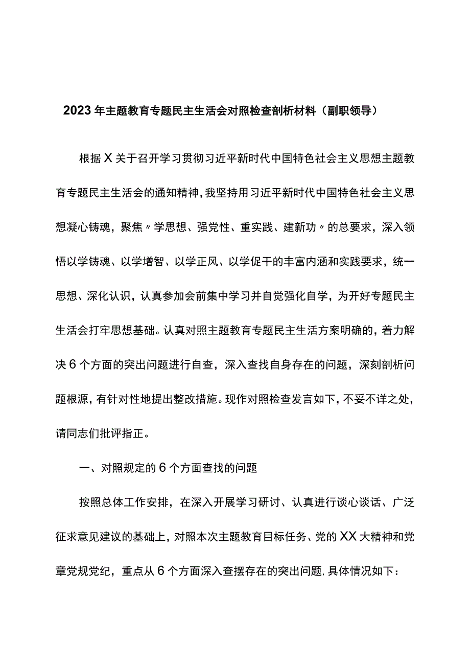 2023年主题教育专题民主生活会对照检查剖析材料（副职领导）.docx_第1页