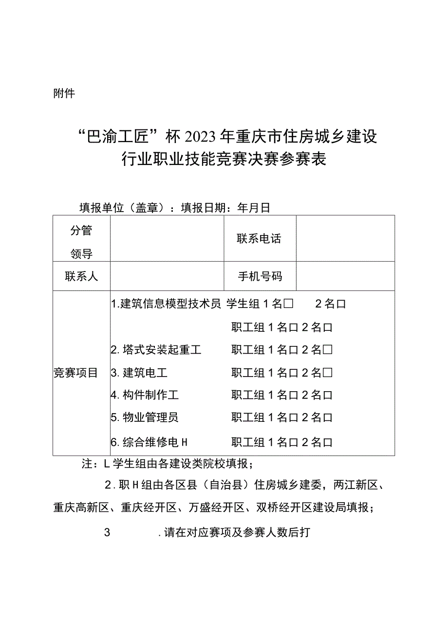 “巴渝工匠”杯2023年重庆市住房城乡建设行业职业技能竞赛决赛参赛表.docx_第1页