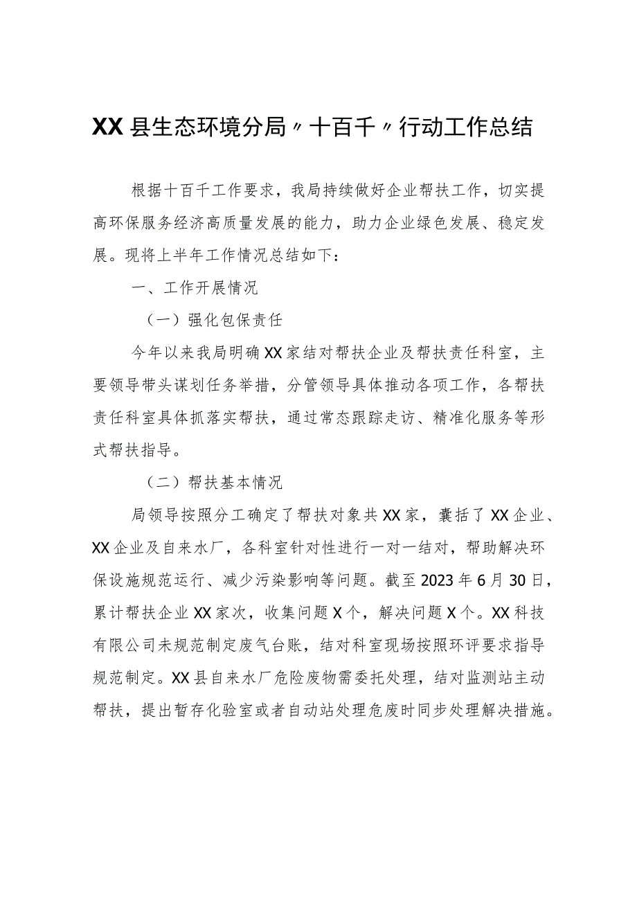 XX县生态环境分局“十百千”行动工作总结.docx_第1页