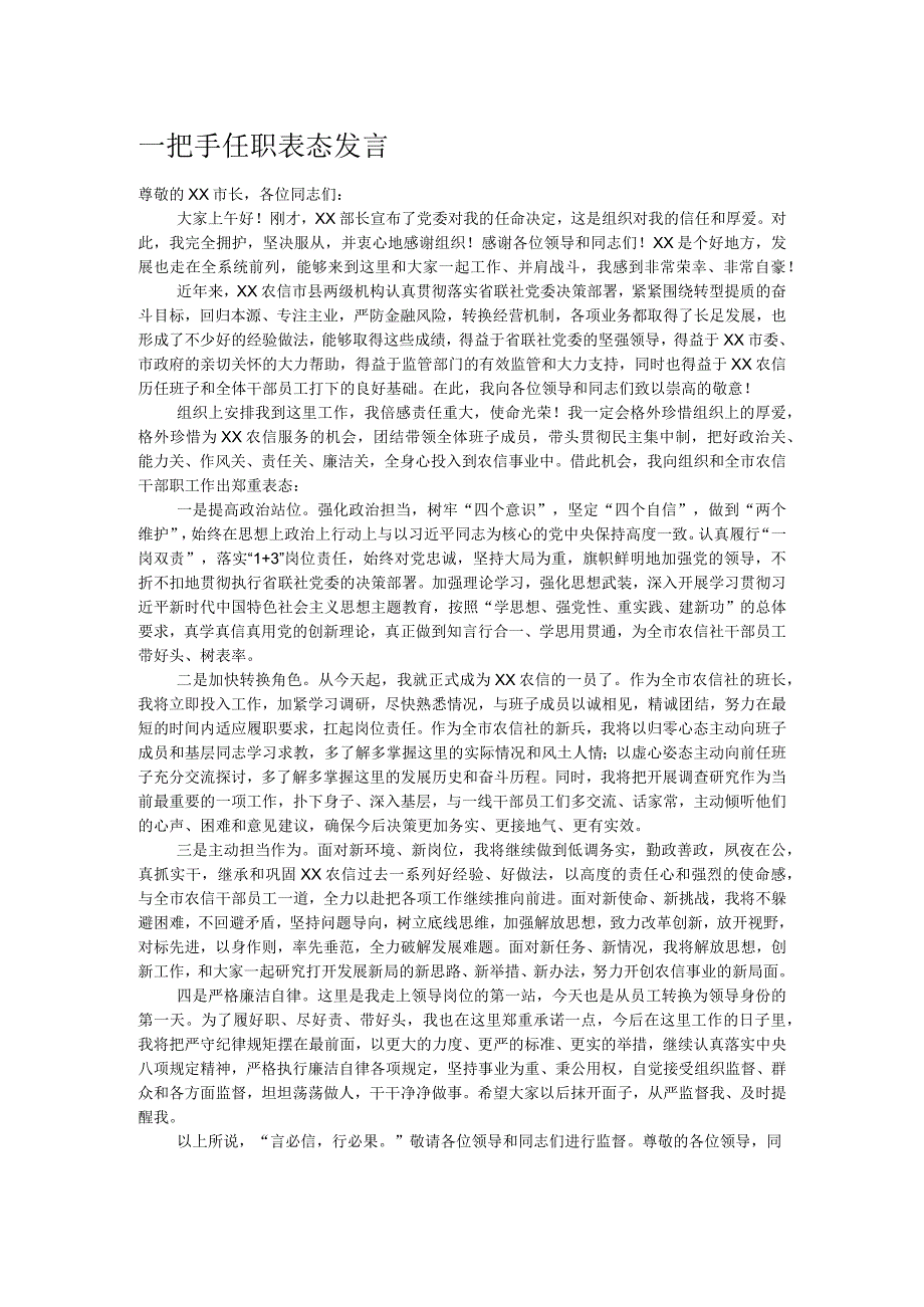 一把手任职表态发言.docx_第1页