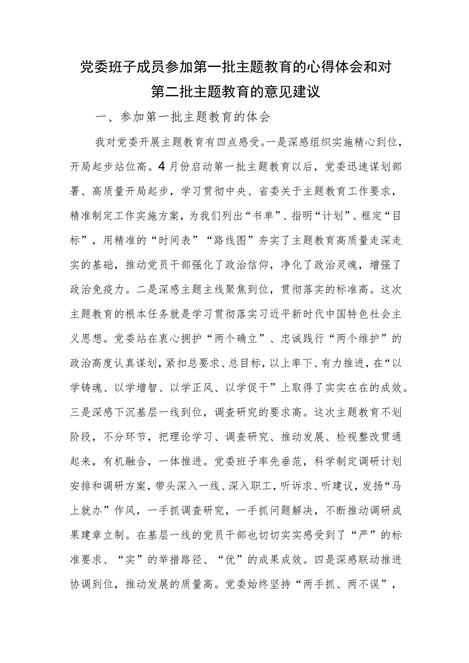 党委班子成员参加2023年第一批主题教育的心得体会和对第二批主题教育的意见建议.docx_第1页