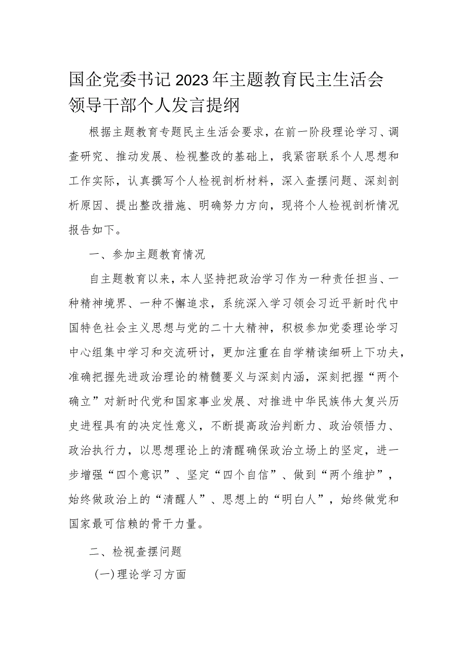 国企党委书记2023年主题教育民主生活会领导干部个人发言提纲.docx_第1页