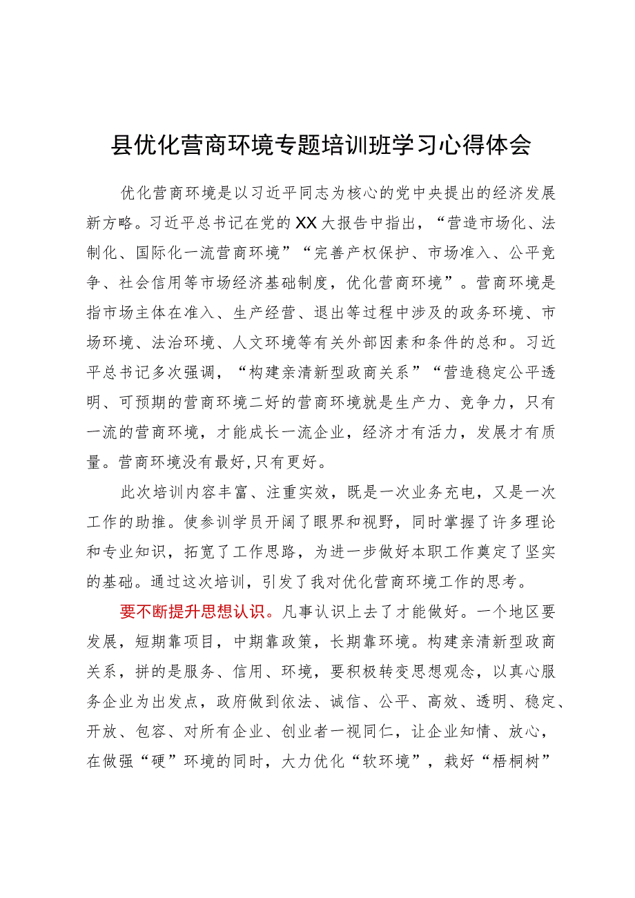 在县优化营商环境专题培训班上的学习心得体会.docx_第1页