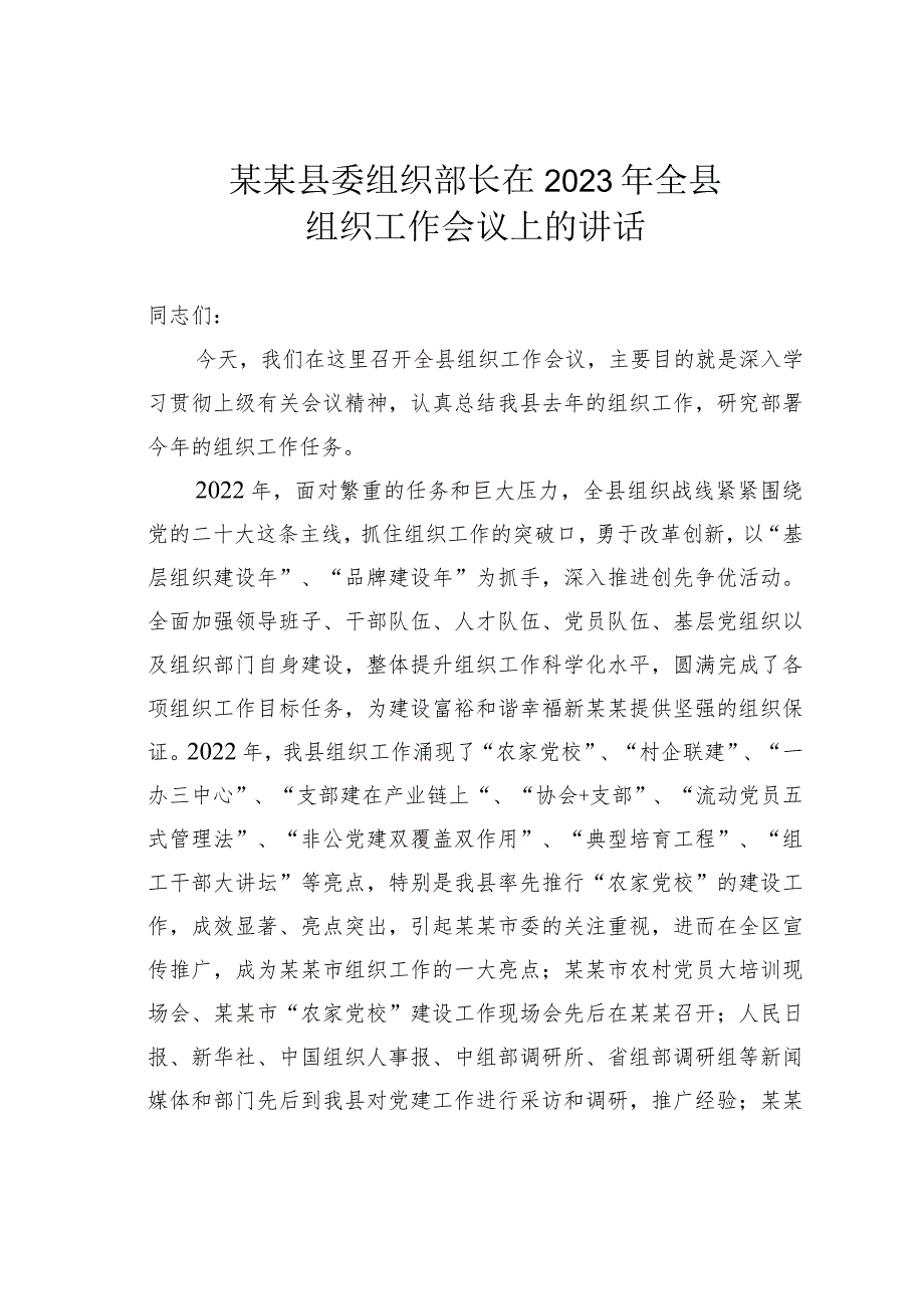 某某县委组织部长在2023年全县组织工作会议上的讲话.docx_第1页