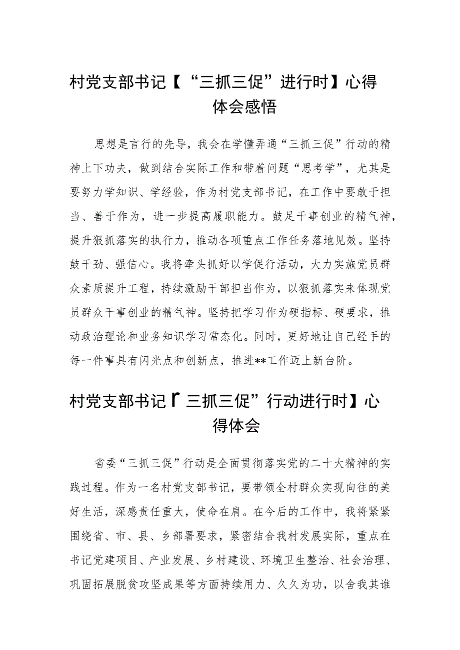 村党支部书记【“三抓三促”进行时】心得体会感悟范文(通用三篇).docx_第1页