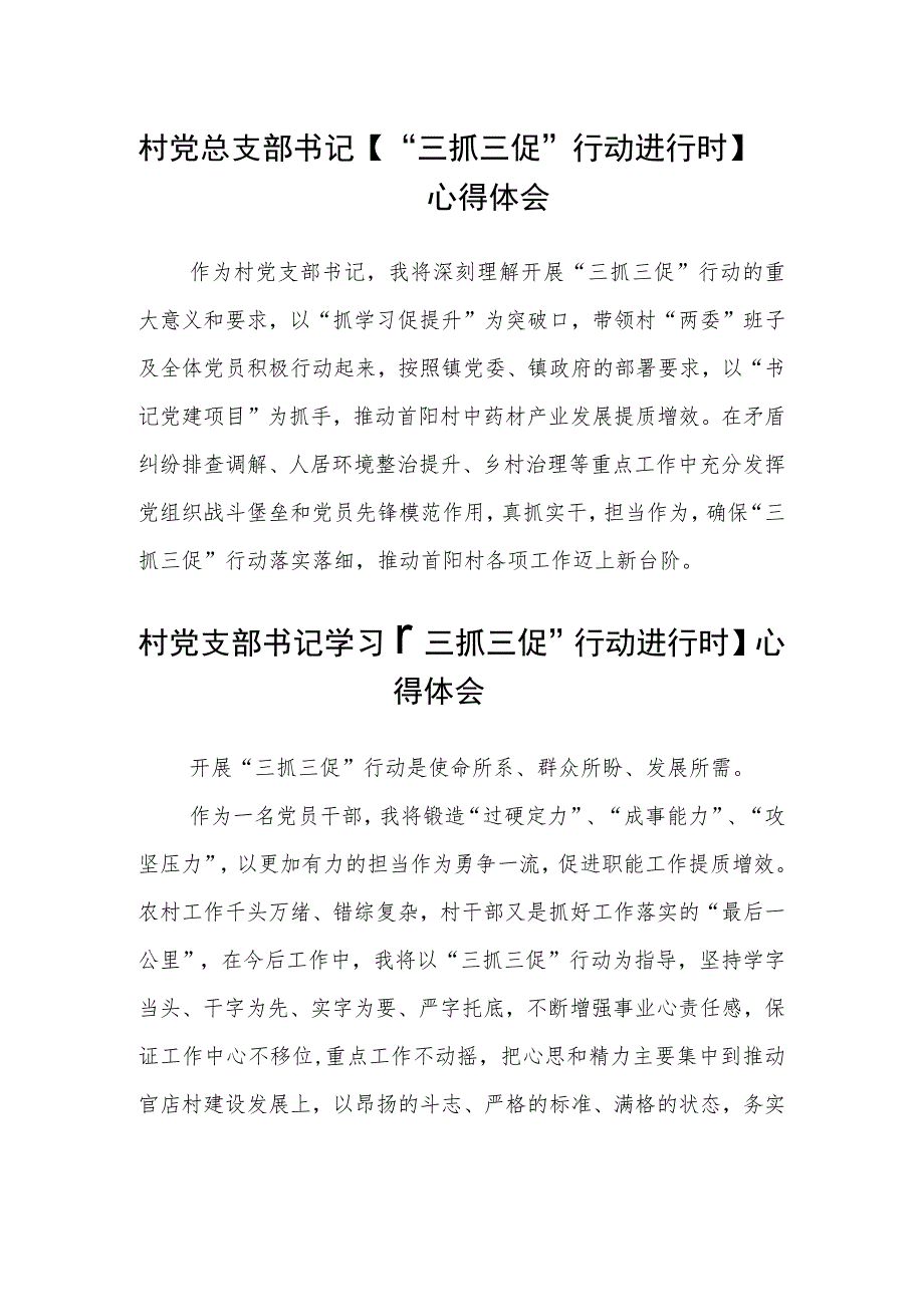 村党总支部书记【“三抓三促”行动进行时】心得体会(通用三篇).docx_第1页