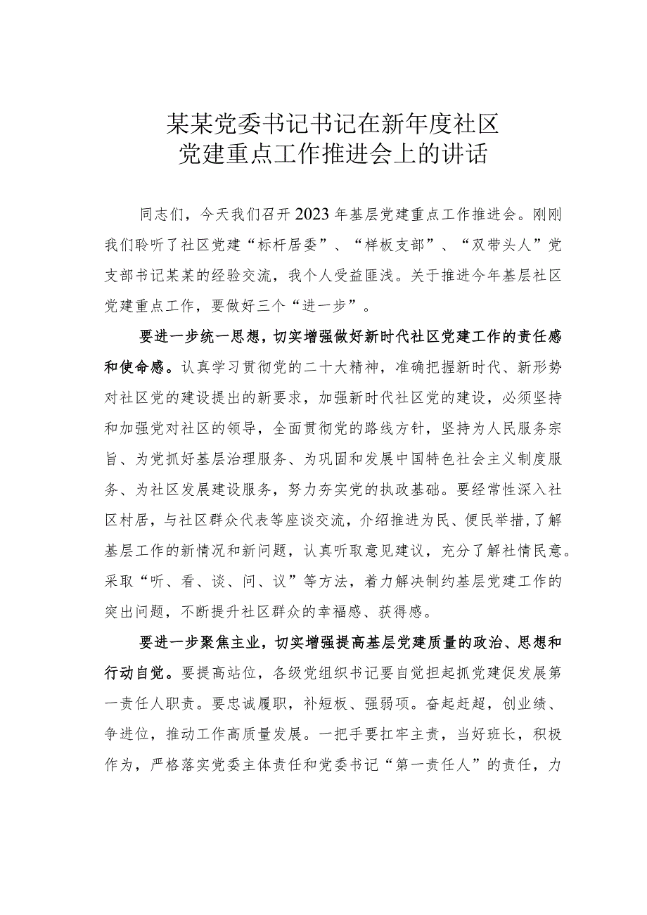 某某党委书记书记在新年度社区党建重点工作推进会上的讲话.docx_第1页