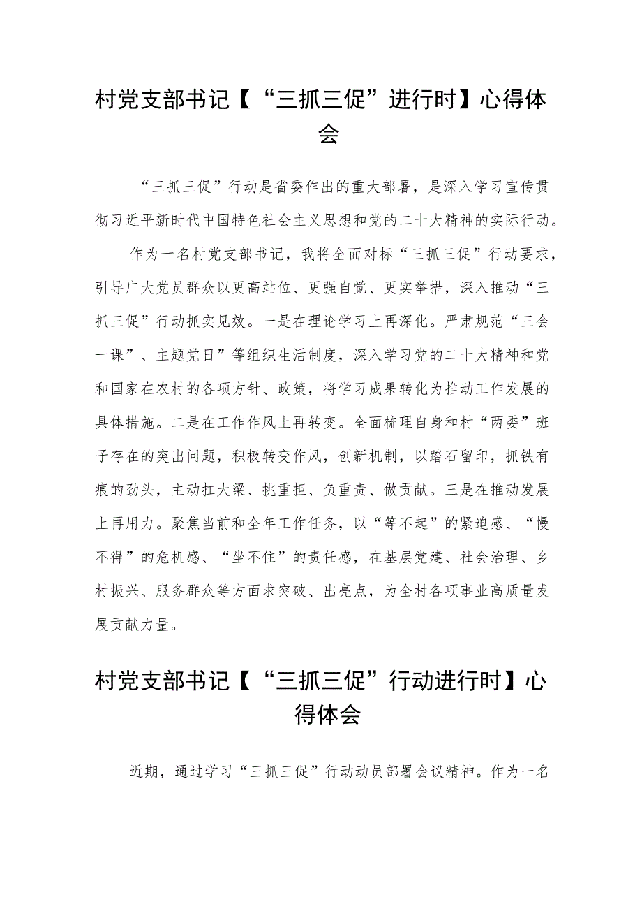 村党支部书记【“三抓三促”进行时】心得体会(通用三篇).docx_第1页