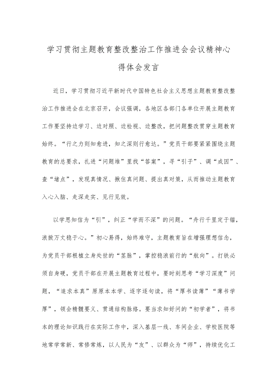 学习贯彻主题教育整改整治工作推进会会议精神心得体会发言.docx_第1页