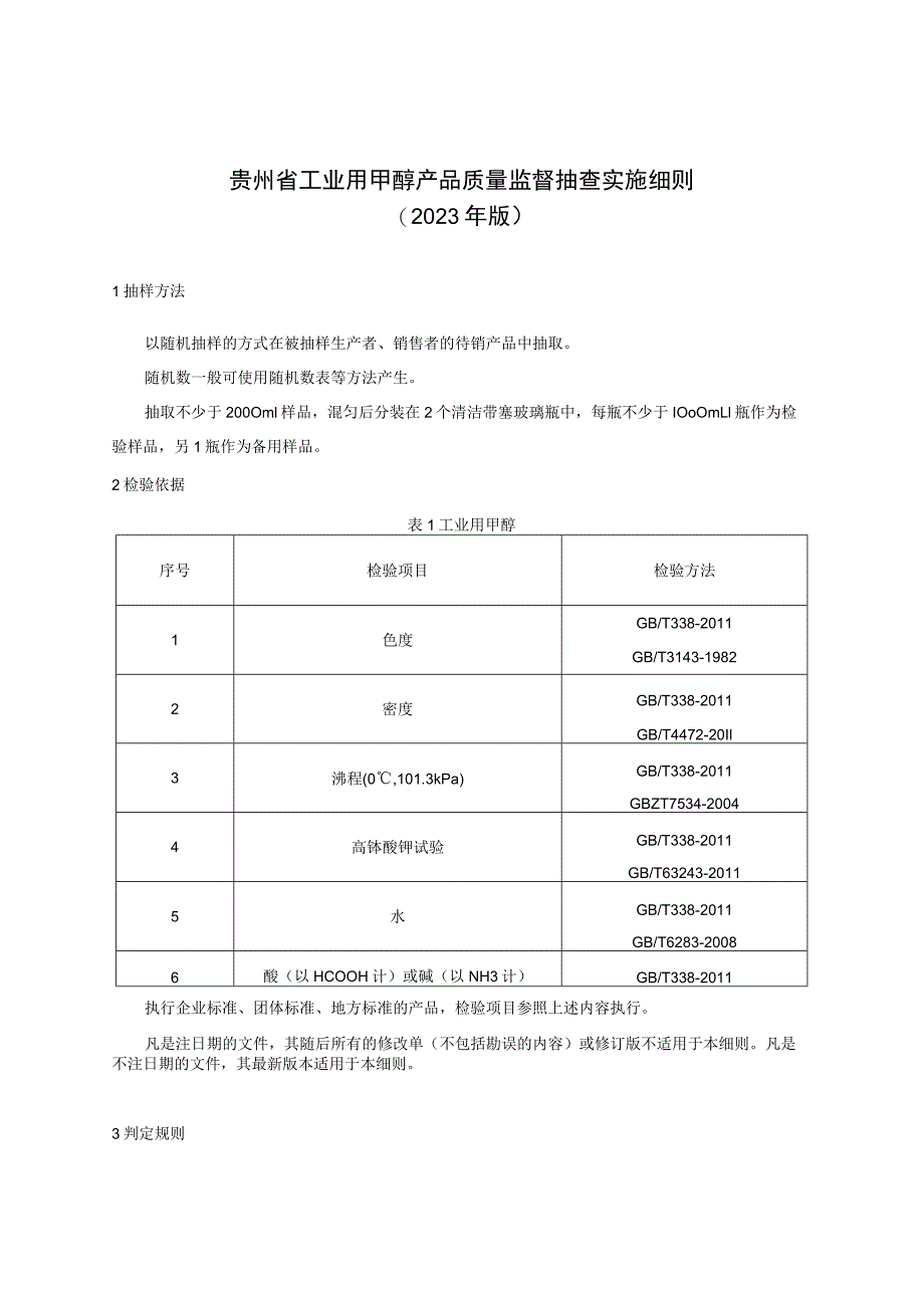 贵州省工业用甲醇产品质量监督抽查实施细则（2023年版）.docx_第1页