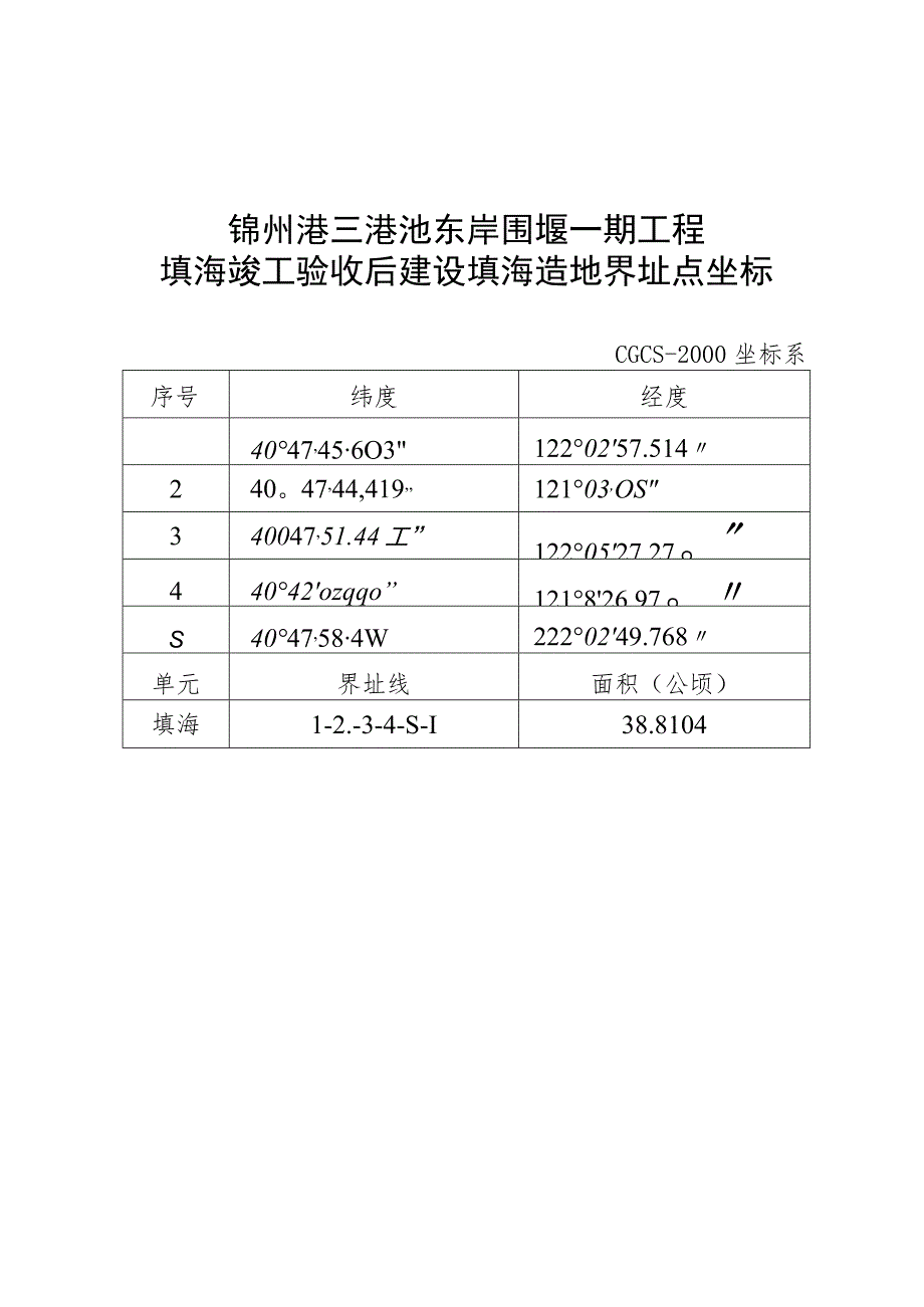 锦州港三港池东岸围堰一期工程填海竣工验收后建设填海造地界址点坐标.docx_第1页