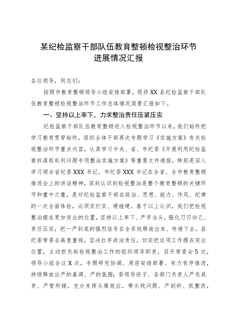 某纪检监察干部队伍教育整顿检视整治环节进展情况汇报.docx_第1页